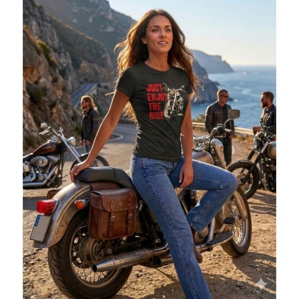 Motorcycle Print Dark Gray Women's Crew Neck T‑Shirt Size‎ L